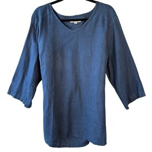 Flax | 100% Linen I Am Happy Deep Blue 3/4 Sleeve Pullover Size 1G